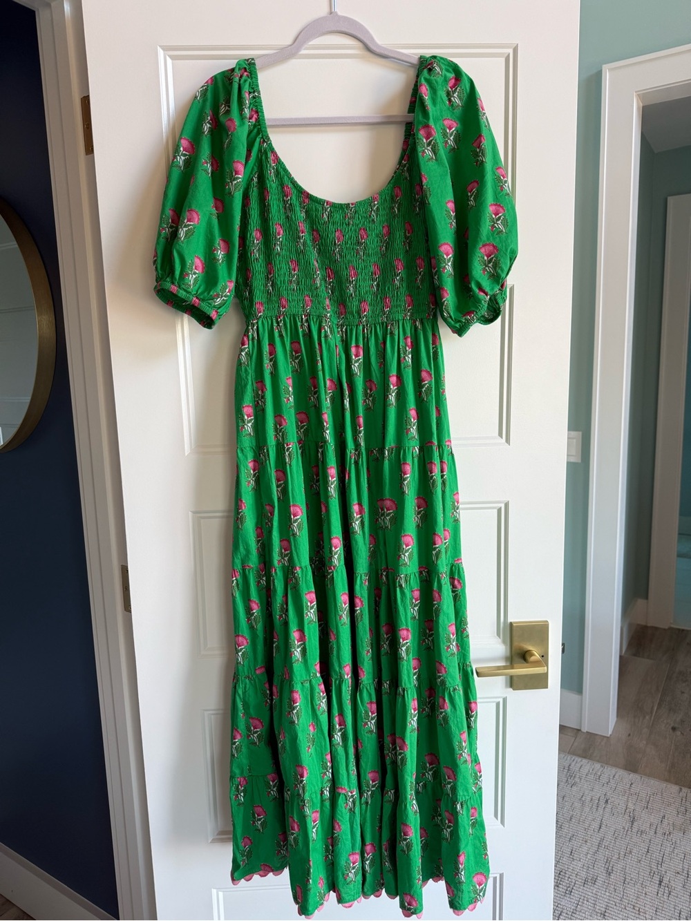 Green Floral Puff-Sleeve Maxi Dress with Smocked Bodice